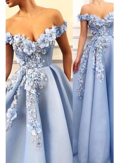 2024 Prom Dresses A Line Satin Blue Sweetheart Floral Patterns Long