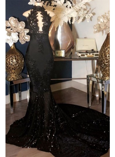 2024 Prom Dresses Designer Black Mermaid High Neck Sequence Open Front Long
