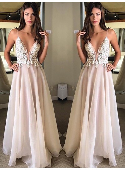 2024 Prom Dresses A Line Chiffon V Neck Pearl Pink Backless Lace