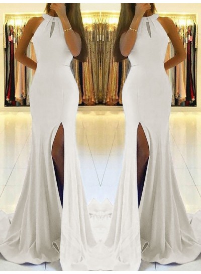 2023 Prom Dresses Sheath High Neck Side Slit White Backless Cheap