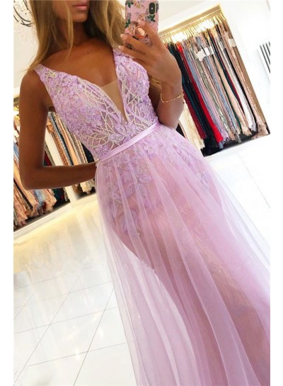 2024 New Arrival Prom Dresses Sheath V Neck Beaded Tulle Backless Pink