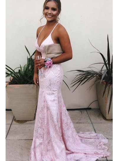 2024 Charming Prom Dresses Sweetheart Lace Backless Lace Up Pink Sheath
