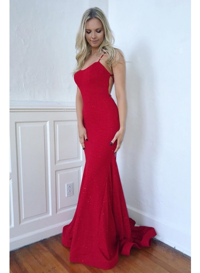 2024 Sexy Mermaid Prom Dresses Red Lace Up Back Backless Spaghetti Straps