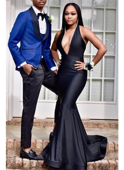 2024 Charming Mermaid Prom Dresses Black V Neck Halter Backless