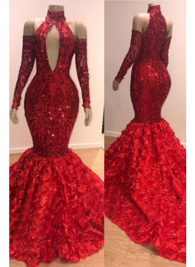 2024 Charming Mermaid Prom Dresses High Neck Red Long Sleeves Hollow Out Open Front Lace