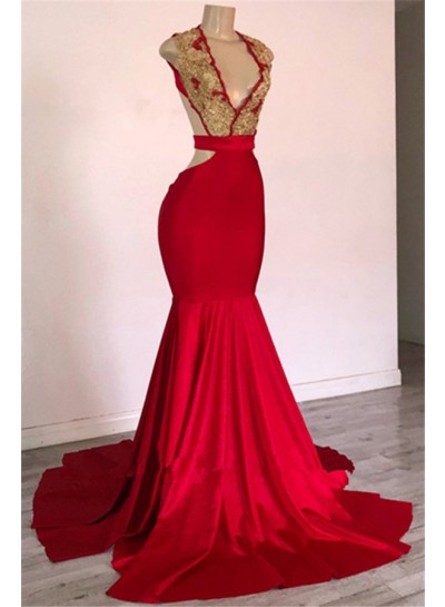 2024 New Arrival Prom Dresses Mermaid Red V Neck Backless Gold Appliques