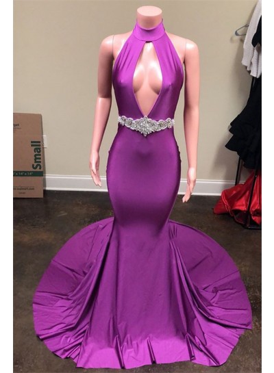 2024 New Arrival Prom Dresses Mermaid V Neck Beaded Fuchsia Long Backless