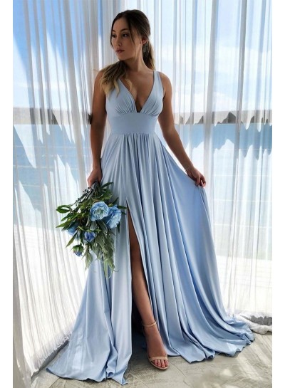 2024 Prom Dresses A Line V Neck Side Slit Blue Pleated Empire