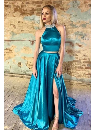2024 Charming Prom Dresses A Line Blue Elastic Satin High Neck Beaded Two Pieces