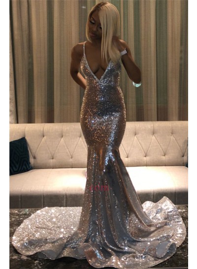 2023 Charming Prom Dresses Silver Mermaid V Neck Backless Sequence Long