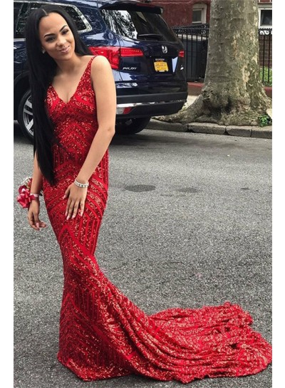 2024 Sexy Prom Dresses Red Mermaid V Neck Backless Long Lace