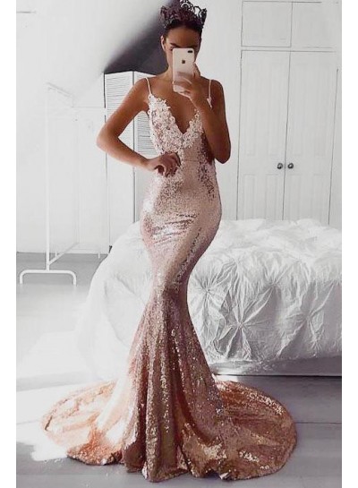 2024 Sexy Mermaid Prom Dresses V Neck Dusty Rose Sequence Lace Backless