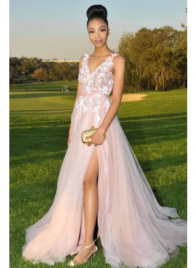 2023 Elegant Prom Dresses A Line Side Slit Tulle Blush Pink V Neck Lace