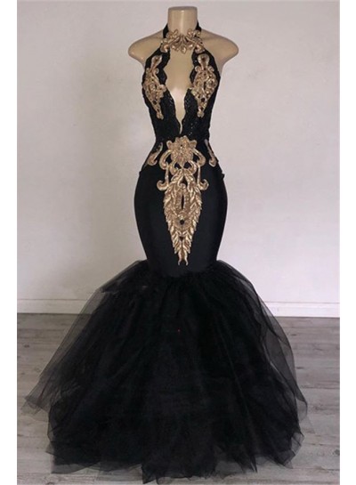 2024 Sexy Prom Dresses Black Mermaid Tulle With Gold Appliques V Neck Backless