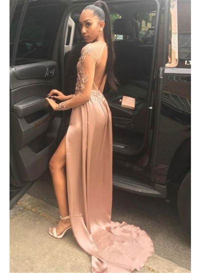 2024 Prom Dresses A Line Satin Dusty Rose Long Sleeves Side Slit Lace