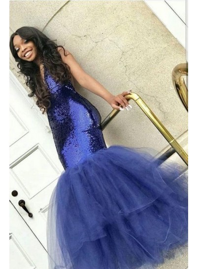 2024 Charming Prom Dresses Royal Blue Mermaid V Neck Tulle Sequence