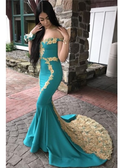 2024 Charming Prom Dresses Jade Satin Off Shoulder With Gold Appliques Long