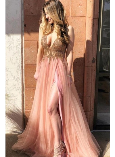 2024 Charming Prom Dresses A Line Tulle Peach V Neck Beaded