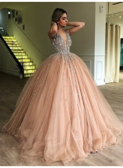 2024 Charming Prom Dresses Tulle V Neck Beaded Dusty Rose Ball Gown