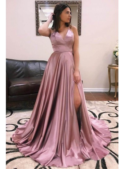 2024 Prom Dresses A Line V Neck Elastic Satin Dusty Rose Side Slit 