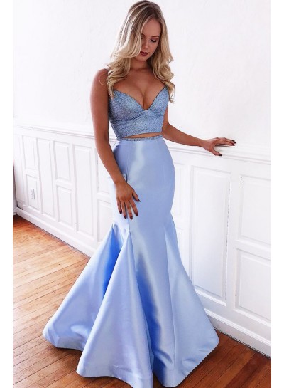 2024 Sexy Mermaid Prom Dresses Satin Blue Lace Up Back Sweetheart Two Pieces
