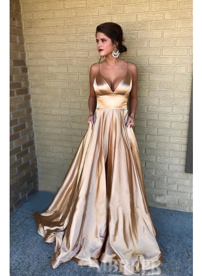 2023 Amazing Prom Dresses A Line Sweetheart Spaghetti Straps Elastic Satin Champagne