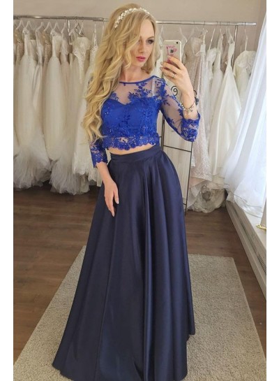 2024 New Arrival Prom Dresses Satin A Line Dark Navy Royal Blue Two Pieces Lace