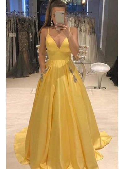 2024 Elegant Prom Dresses A Line Satin Sweetheart Daffodil Beaded With Pockets
