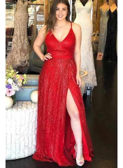 2023 Prom Dresses A Line Red V Neck Side Slit Backless Halter Lace