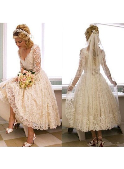 V Neck Lace Tea Length Long Sleeves Short Wedding Dresses 2020