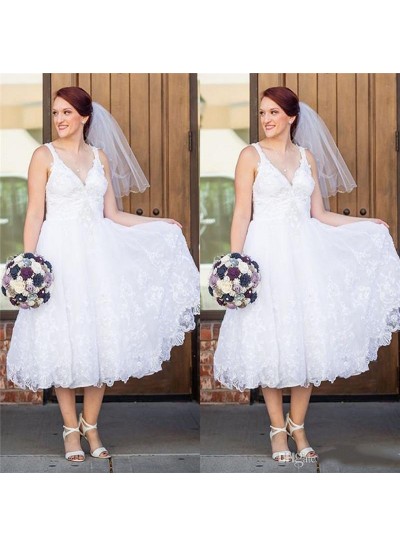 Lace Sweetheart Short A Line Tea Length Beach Wedding Dresses 2020