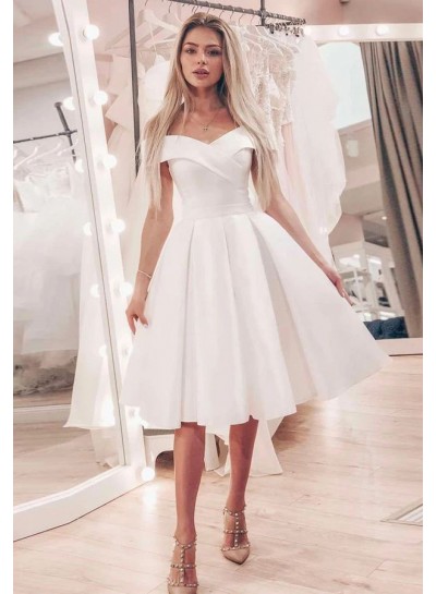 Knee Length Satin A Line Off Shoulder Short Wedding Dresses 2020
