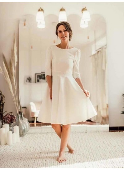 Long Sleeves Satin Scoop A Line Backless Short Wedding Dresses 2020