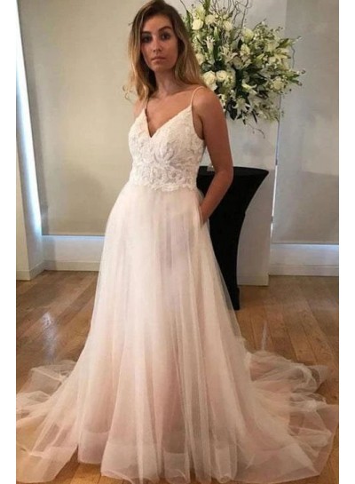 Halter Tulle A Line V Neck Beach Wedding Dresses With Appliques