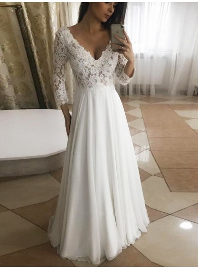 V Neck Long Sleeves Floor Length 2020 A Line Chiffon Lace Beach Wedding Dresses