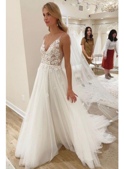 V Neck Tulle With Floral 2020 A Line Patterns Beach Wedding Dresses