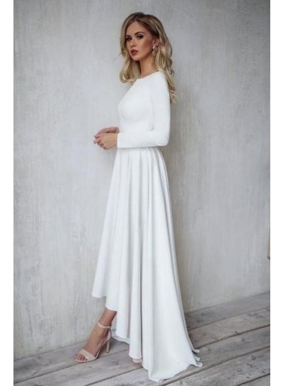 Long Sleeves Bateau A Line High Low Satin Beach Wedding Dresses 2020