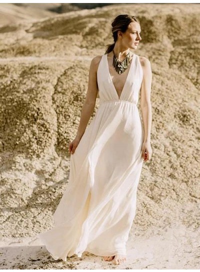 Chiffon Floor Length A Line Deep V Neck Backless 2020 Beach Wedding Dresses