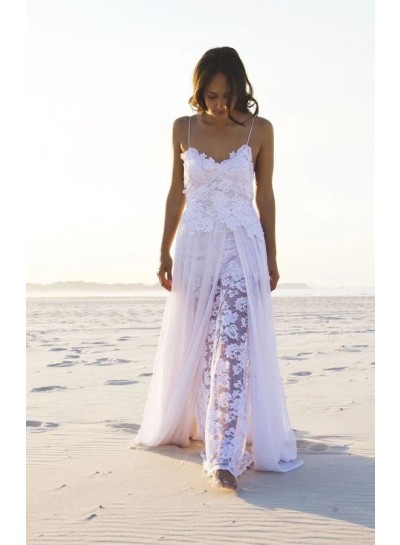 Spaghetti Straps Backless A Line Side Slit Side Beach Wedding Dresses 2020