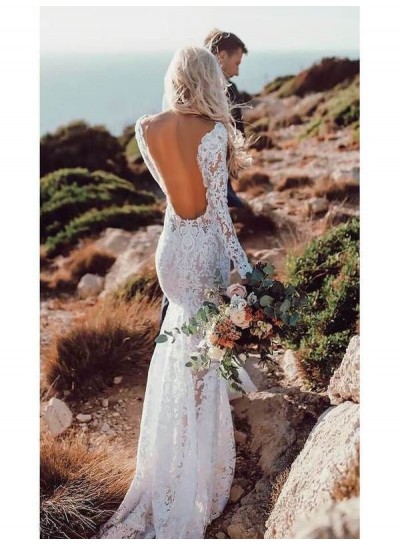 2020 Long Sleeves Backless Sexy Sheath Lace Beach Wedding Dresses