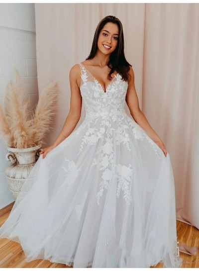 A Line Backless Tulle Plus Size 2020 V Neck Beach Wedding Dresses With Appliques