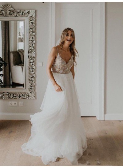 Sweetheart Beaded Long A Line Tulle Beach Wedding Dresses 2020