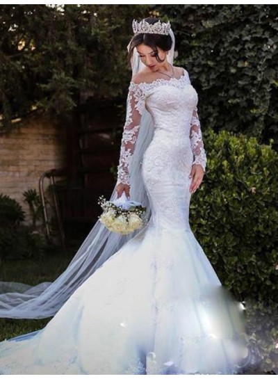 Off Shoulder Lace Mermaid Long Sleeves Long Wedding Dresses 2024