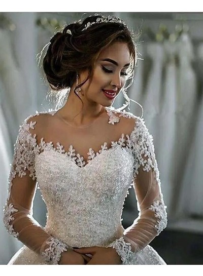 Long Sleeves Top Mesh Tulle 2020 A Line With Appliques Beaded Wedding Dresses