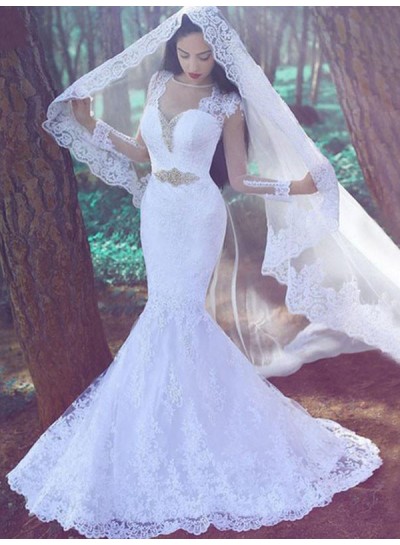 Long Sleeves Lace Beaded Mermaid White Belt Chapel Train Top Mesh Wedding Dresses