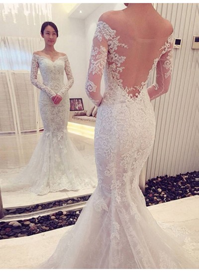 Sweetheart Back Mesh Long Sleeves Mermaid Off Shoulder Lace Wedding Dresses 2024