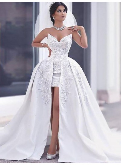 Sweetheart Satin Beaded 2020 A Line High Low Wedding Dresses