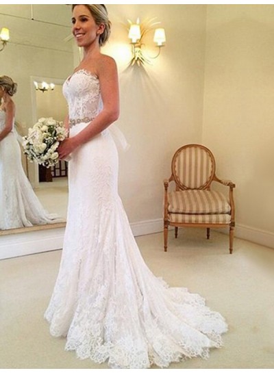 Sweetheart Sheath Beaded 2020 Lace Sash Bowknot Back Wedding Dresses