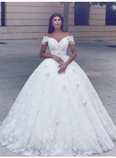 Off Shoulder Sweetheart Lace 2020 Ball Gown Chapel Train Wedding Dresses