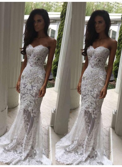 Sweetheart Lace Mesh With Appliques 2023 Sheath Sweep Train Wedding Dresses